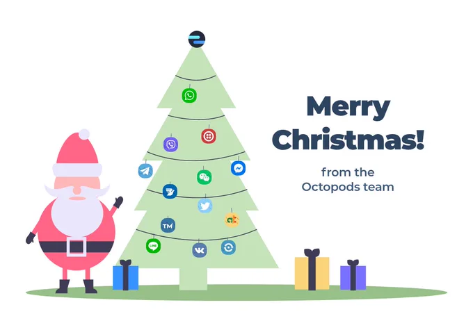 A graphical illustration of a Christmas tree with the Octopods logo in place of the north star, and with logos of messaging channels as ornaments around the tree. A waving santa is standing on the left, and gift boxes are at the bottom. Next to the tree are the words "Merry Christmas from the Octopods team".