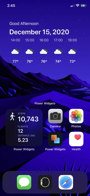 A screenshot of a weather widget and step count widget created with Power Widgets.