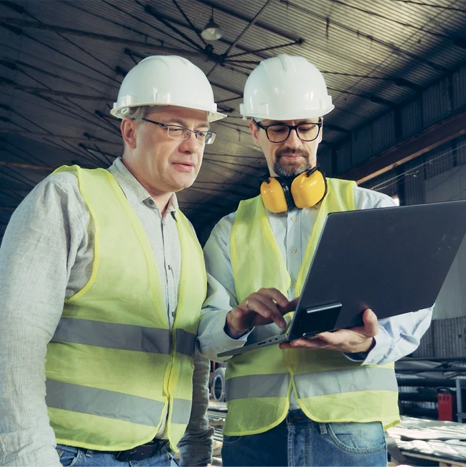 Tolling services: two engineers in hard hats looking at a laptop.