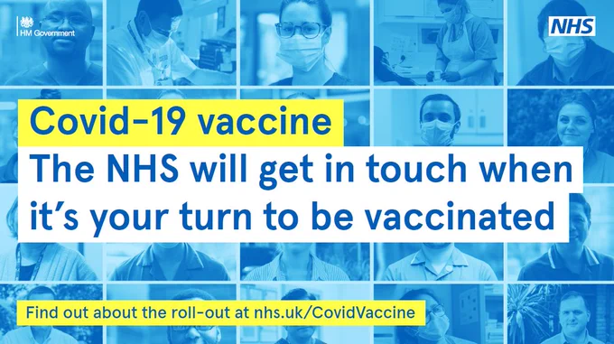 Blue grid with 20 faces of health care professions. The message reads: Covid-19 vaccine The NHS will get in touch when it's your turn to be vaccinated. Find out more about the roll-out at nhs.uk/CovidVaccine