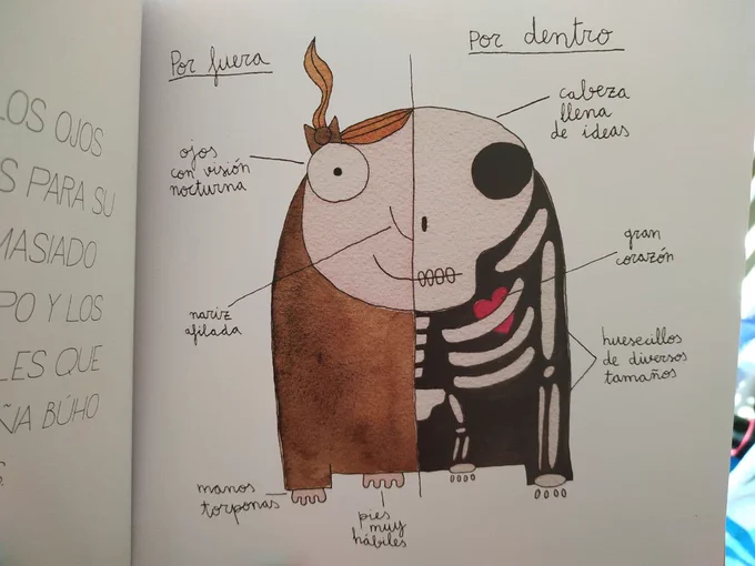 Fotografía de una página de "La niña búho y su fantástico viaje en balde" de Ana Flecha Marco. Muestra un dibujo a acuarela de la niña búho donde se ve el interior de su cuerpo en la mitad derecha del mismo. La niña búho tiene ojos con visión nocturna, nariz afilada, manos torponas y pies muy hábiles. También por dentro tiene una cabeza llena de ideas, un gran corazón y huesecillos de distintos tamaños