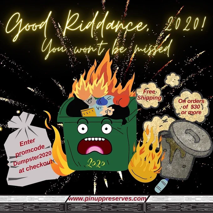 An illustrated screaming overflowing dumpster on fire against a backdrop of a black sky with gold fireworks. The dumpster has a leaking trash can to one side with the text: "Free Shipping" and "on orders of $30 or more" on the puffy dirt clouds. There is a grey trash bag on the other side with text: "Use promo code Dumpster 2020" at checkout. Text: "Good Riddance, 2020! You won't be missed" is at the top in yellow neon font.