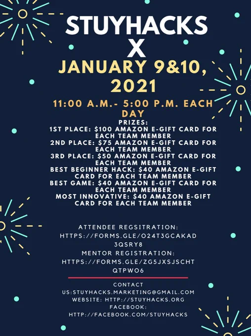 To register please fill out the appropriate form below:
Attendee Registration: https://forms.gle/o24T3gCakad3QSRY8
Mentor Registration: https://forms.gle/ZG5jxsJSChTqtpWo6