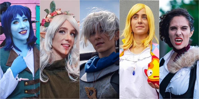 Collage of five headshots of me dressed as the following characters:
- Jester Lavorre (blue wig and black ram horns, my skin is painted blue. Wearing a white shirt and green vest with brown accents)
- My OC, Oldiel Loacasta (white long wavy wig, a green cape, long elf ears and a flower crown)
- Pike Trickfoot (white wig up in buns, metal breastplate and gorget made out of foam and blue neck scarf)
- Howl (yellow wig, white shirt, his signature blue and pink jacket and a Calcifer plushie - a flame with eyes and mouth)
- Sylas Briarwood (my hair styled to the side, vampire teeth, white shirt, underbust black corset, sash over the shoulder in black and faux fur and a red scarf around my neck)