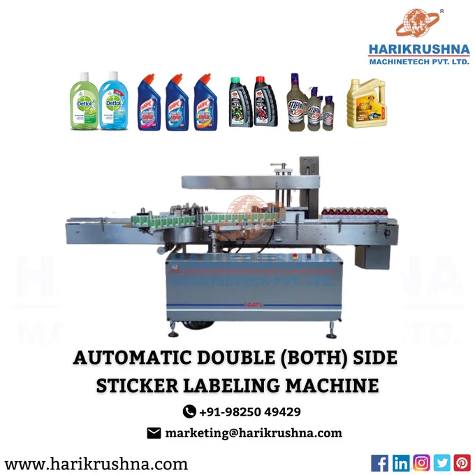 Machine Details: The system consists of the main structure, product in-feed screw, product transmission belt with guide adjustment, top product holding conveyor with height adjustment, 2 nos. of label dispensing unit, label pasting unit, motor, sensors, AC drives, motors, electrical panel, mains on/off, emergency switch, PLC & HMI.