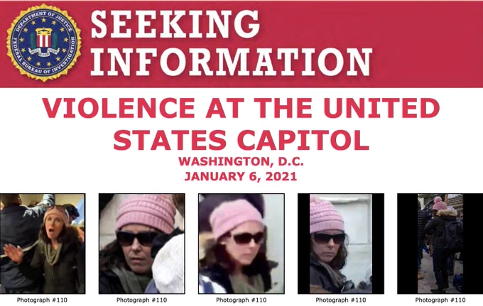 FBI seeking information poster for violence at the United States Capitol Washington, D.C. January 6 2021 five photos of an unidentified woman with a pink hat