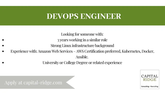 Searching for a DevOps Engineer with a strong background in Linux and a certificate in AWS.