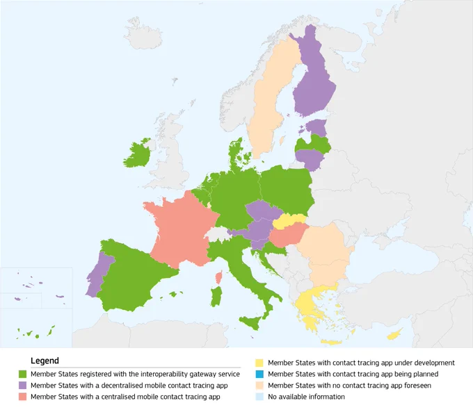 Map of the EU indicating which countries have apps that work across EU  borders 