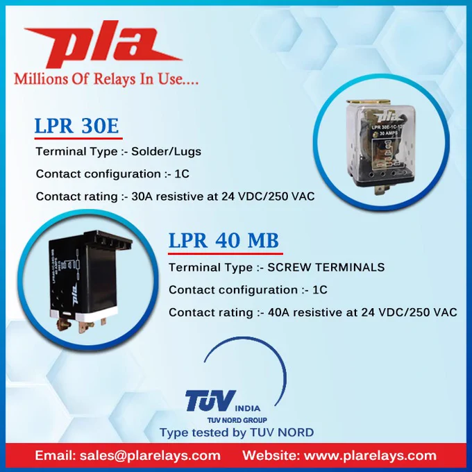 LPR 30E 
Contact Configuration 1C
Contact rating @ 30A
@ 24 VDC / 250 VAC
LPR 40MB
Contact Configuration 1C
Contact rating @ 40A
@ 24 VDC / 250 VAC
www.plarelays.com
sales@plarelays.com

follow us on instagram 
https://www.instagram.com/plarelays/

#plarelays #pluguinrelay #pcbmountrelay #contact #configuration #mccp #mcc #reedrelay #electric #electricalmarket #automotive #pcbmountrelay #powerrelay #industrial  #controlpanel #stabilizer #inverter #temperature #rating #ampere #coil #automotive #electromechanical  #ampere #coil #rating #solder #lugs #voltage #stabilizer #LPR30E #socket #processcontrols #heaters #invertors #airconditioner #machines #vending #electricallife #automotive #technology #innovation #suppressor #normalrange #surge #LPR40MB #biomedical #equipments #inverters #processcontrolsystem #temperaturecontroller #powersupplies #industrialcontrols #integratorcontrol #sdrply #sdr #ply #pmcm #mpcn #hmpc #hpcc #coil #flexible #electricalindustry #plugin #reed #generalpurpose 