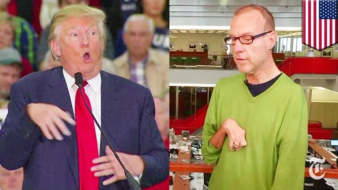 Donald Trump in a blue suit with a red tie mimicking the curved wrist of a disabled journalist in a green sweatshirt with black wire-rimmed glasses.