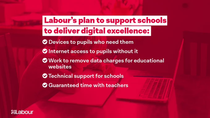 Labour's plan to support schools to deliver digital excellence: Devices to pupils who need them
Internet access to pupils without it
Work to remove data charges for educational websites
Technical support for schools
Guaranteed time with teachers