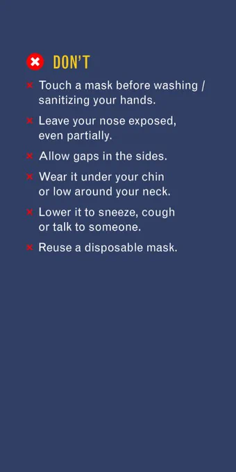 Don’t
•	Touch a mask before washing/sanitizing your hands.
•	Leave your nose exposed, even partially. 
•	Allow gaps in the sides.
•	Wear it under your chin or low around your neck.
•	Lower it to talk to someone.
•	Reuse a disposable mask.