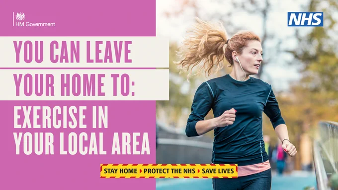 Photo of woman running with text: you can leave home to exercise in your local area.