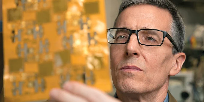 The copper circuit board that underlays Prof. John Rogers’ COVID-19 monitoring device is flexible and sheetlike. 