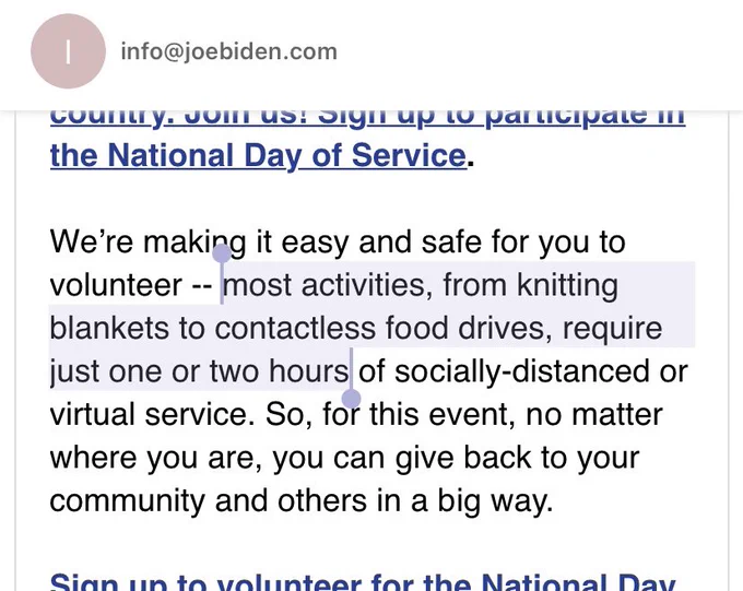 Screenshot of email with text highlighted: most activities, from knitting blankets to contactless food drives, require just one or two hours