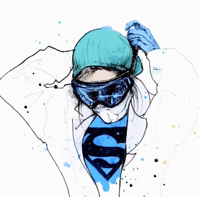 Artistic illustration of a healthcare worker wearing a hair protector, goggles and white coat. Underneath the white coach they are wearing a blue top with a big black S on the front in the style of Superman.