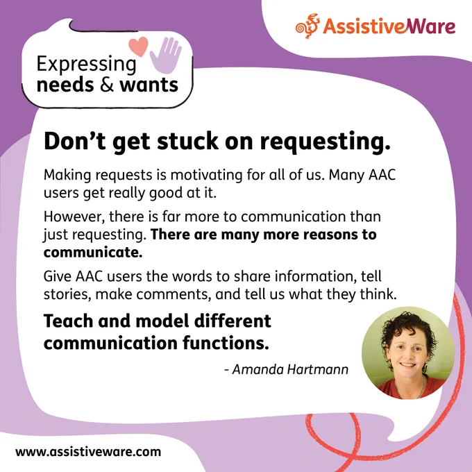 AssistiveWare  November Expressing needs and wants  Don’t get stuck on requesting Making requests is motivating for all of us. Many AAC users get really good at it. However, there is far more to communication than just requesting. There are many more reasons to communicate. Give AAC users the words to share information, tell stories, make comments, and tell us what they think. Teach and model different communication functions. Quote by Amanda Hartman www dot assistiveware dot com