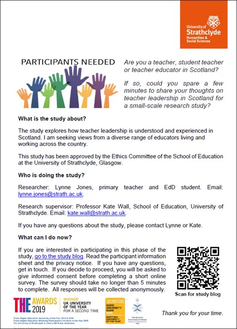 Advert recruiting Scottish educators to participate in short online survey for doctoral study into teacher leadership. Includes QR code for study blog for more info.
