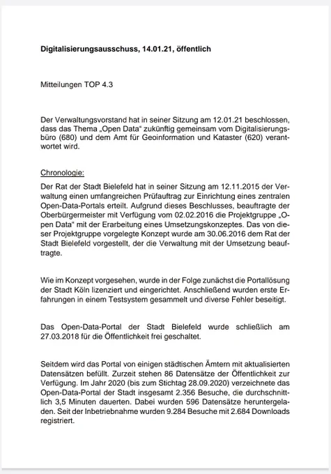 Mitteilung der Stadt Bielefeld (TOP4.3) aus dem Protokoll des Digitalisierungsausschusses der Stadt am 14.1.21 (Seite1)