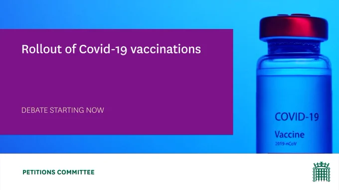A mock vial of Covid-19 vaccine, and text stating "Rollout of Covid-19 vaccinations. Debate starting now".