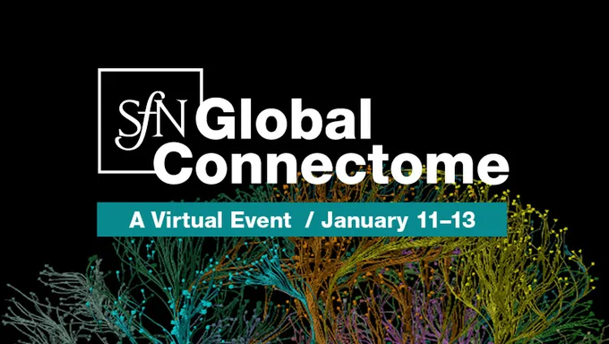 Black background, with a multi-color brain connectome in teal, green, yellow, red, purple, and orange. Text included: SfN Global Connectome: A Virtual Event, taking place in 2021 on January 11 through the 13.