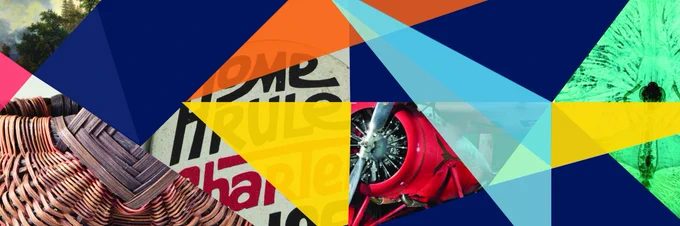 Smithsonian objects collaged with colorful triangles.