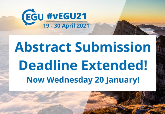 #vEGU21 19-30 April 2021 banner, Abstract Submission Deadline Extended, now Wednesday 20 January