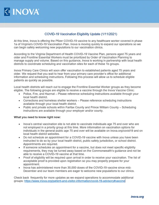 Full text of COVID-19 Vaccination Eligibility Update (1/11/2021). Can be found online at https://www.inova.org/COVID19/vaccine-scheduling.