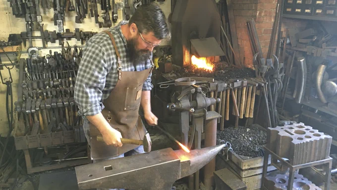 Timothy Miller from @SpiritIronworks working at the forge. Spirit Ironworks was presented with a Stanford White Award for their restoration of the metalwork gracing the townhouses at the Henry Street Settlement on Manhattan's Lower East Side.