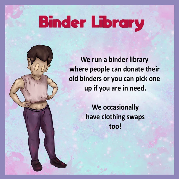 Binder Library

We run a binder library where people can donate their
old binders or you can pick one up if you are in need.

We occasionally have clothing swaps too!