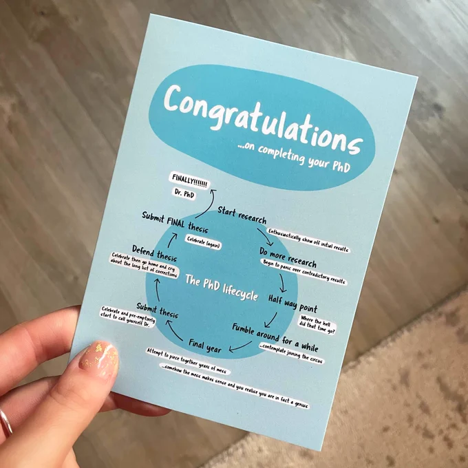 Photo of a congratulations on completing your PhD greetings card, which shows the lifecycle of a PhD on it.