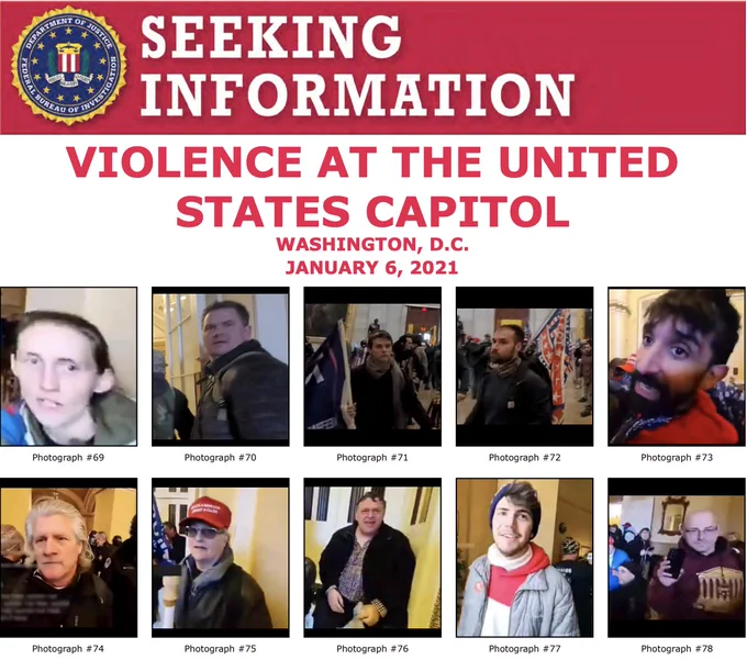 Seeking information poster for violence at the United States capitol Washington DC January 6, 2021 ten images of unidentified individuals