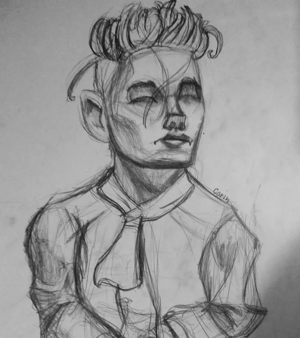 Um desenho a lápis de uma pessoa de aparência andrógina, roupas de época e maquiagem. Seus olhos estão fechados e sua cabeça levemente levantada