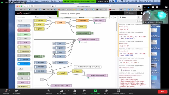 Node Red, visual coding turning a Glow Orb green