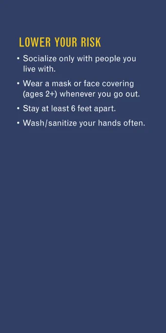 Lower your risk by:

•	Socializing only with people you live with.
•	Wearing a mask or face covering (ages 2 ) whenever you go out.
•	Staying at least 6 feet apart.
•	Washing/sanitizing your hands often.
