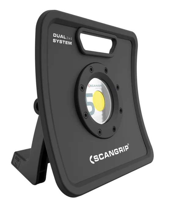 The sturdiness of the new NOVA 5K C R makes it endure the rough, wet and dirty environment at the construction site, and can be used for outdoor work under all kinds of weather conditions. 
The unique COB LED technology delivers extremely high light output, with a uniform and completely even illumination. The CRI value is close to that of daylight, and the NOVA housing is made of a robust die cast aluminium, resistant to strong strokes, shocks and vibration – perfect for a working environment.
The new NOVA design is elegant, with an integrated carrying handle and a new stand for direct mounting on the SCANGRIP TRIPOD. The new light dimmer function makes it possible to adjust the light into five levels. An intelligent display for battery capacity and remaining operating time is available for the rechargeable NOVA 5K C R on the backside.