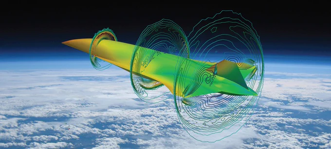 Example of ATA Engineering's innovative simulation results modeling air flow over a vehicle in the extreme environment of hypersonic flight.