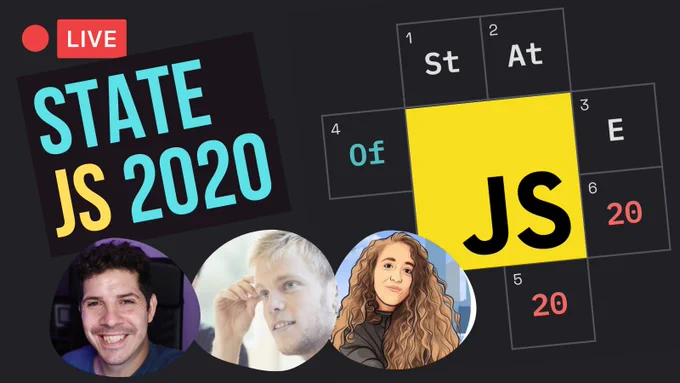 Portada del streaming para hablar del State of Javascript 2020, la encuesta que habla de tendencias frontend y desarrollo web. Especialmente sobre Javascript. Aparece el título de State JS 2020 en colores y el logo oficial de la encuesta. Además una fotografía de los tres participantes de la mesa redonda: Miguel Ángel Durán, Adrià Fontcuberta y Alba Silvente.
