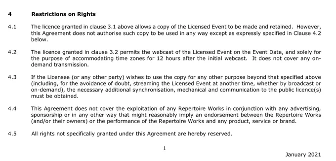 A screenshot from the PRS new online license terms and conditions stating that the license permits webcasting of the event for 12 hours after the initial webcast to allow for time differences, and if you want to broadcast it at any other time you need additional licensing.
