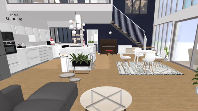 A modern open-concept apartment with a wall of windows.  There is a kitchen with a large marble island and a piano resting against the far wall.  Above the kitchen is a second story mezzanine.