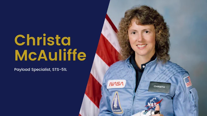 Text: Christa McAuliffe Payload Specialist, STS-51L
Image: Christa's astronaut portrait
