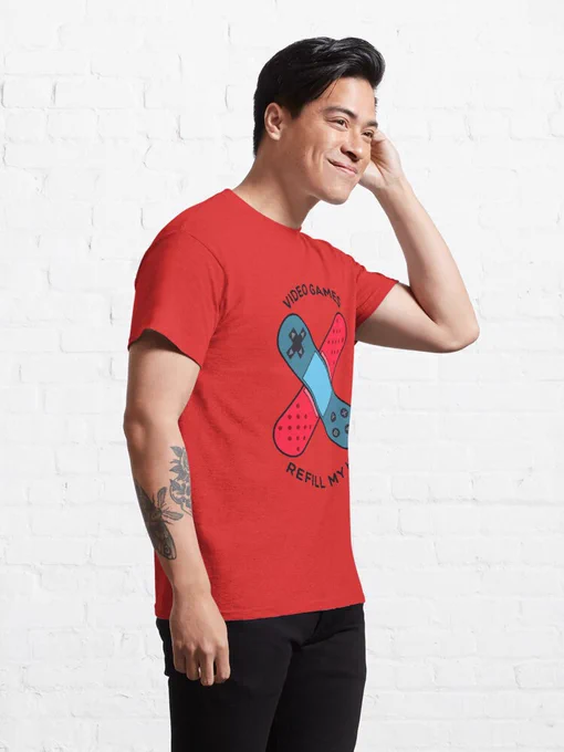 Man wearing red video game T-shirt