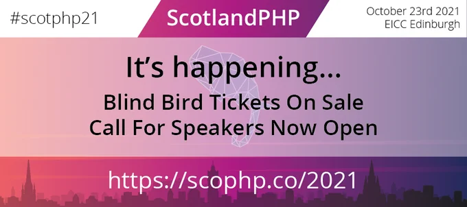 Announcement banner reads: It's happening... Blind bird tickets on sale, call for speakers now open, https://scophp.co/2021
