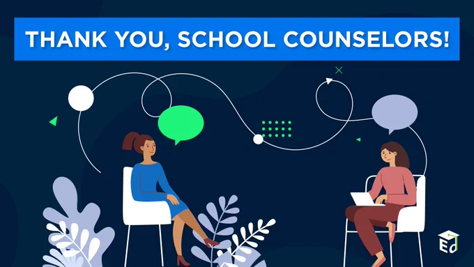 text says Thank you, school counselors! and image of two women sitting in white chairs with speech bubbles