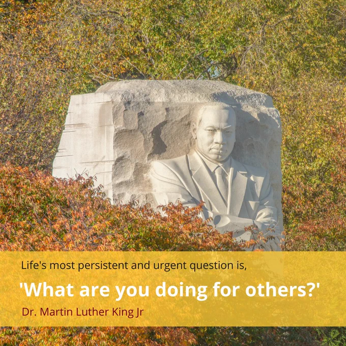 Text in image: "Life's most persistent and urgent question is, 'What are you doing for others?'" Dr. Martin Luther King Jr. 