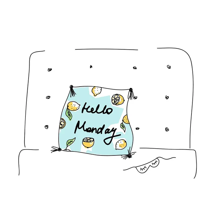 Illustration Of A Cushion With The Words Hello Monday In Cursive Script With Lemon Patterned Background On A Bed With An Eye Mask Next To IT