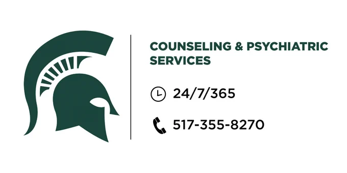 Green Spartan helmet logo on a white background with the words Counseling & Psychiatric Services 24/7/365 and their number at 517-355-8270