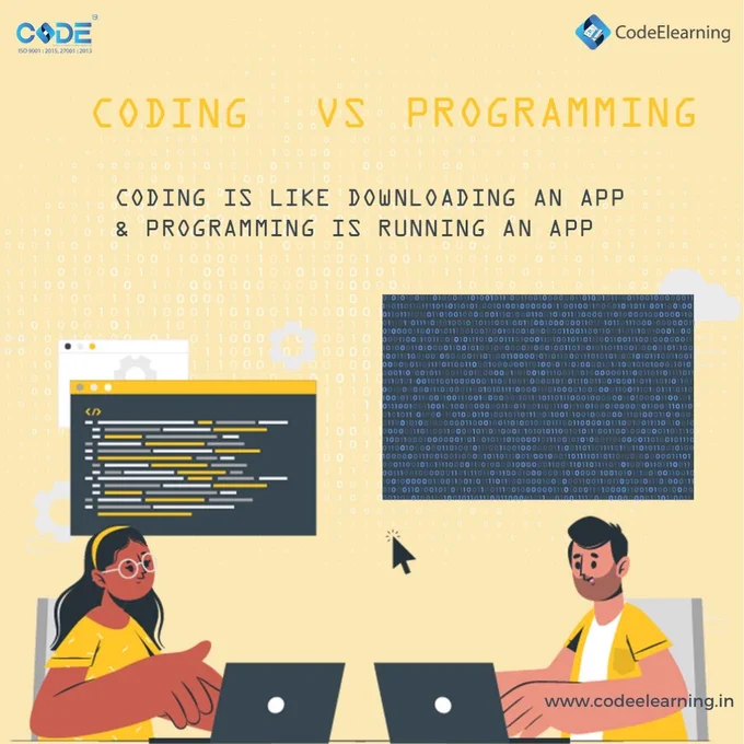 The easy example by which coding can be explained. 

Programming is to get goal done and task given is coding 