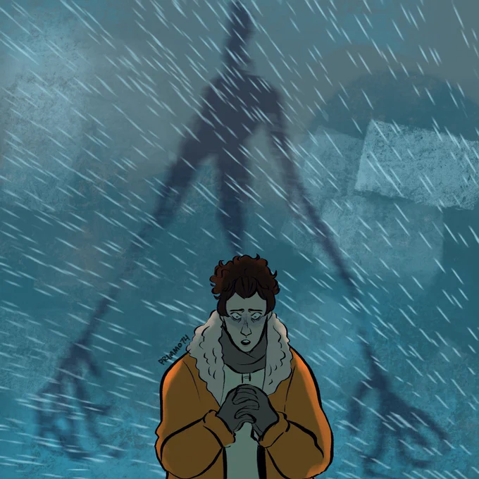 a colored digital artwork of Dr. Karina Schumacher-Weiß from the White vault podcast. She is depicted in a half body, she has pale skin & brown tied-up hair. She’s wearing grey gloves & scarf, pale yellow shirt & orange snowsuit. She has a terrified expression and clasping her hands together. Behind her is a tall, skinny, black & blurry figure with spindly arms and fingers. The background are different shade of turquoise & has snow.