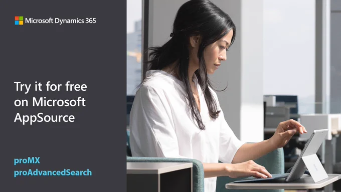 Text reads "Try it for free on Microsoft App Source. Pro M X, pro advanced search." Person using a tablet.